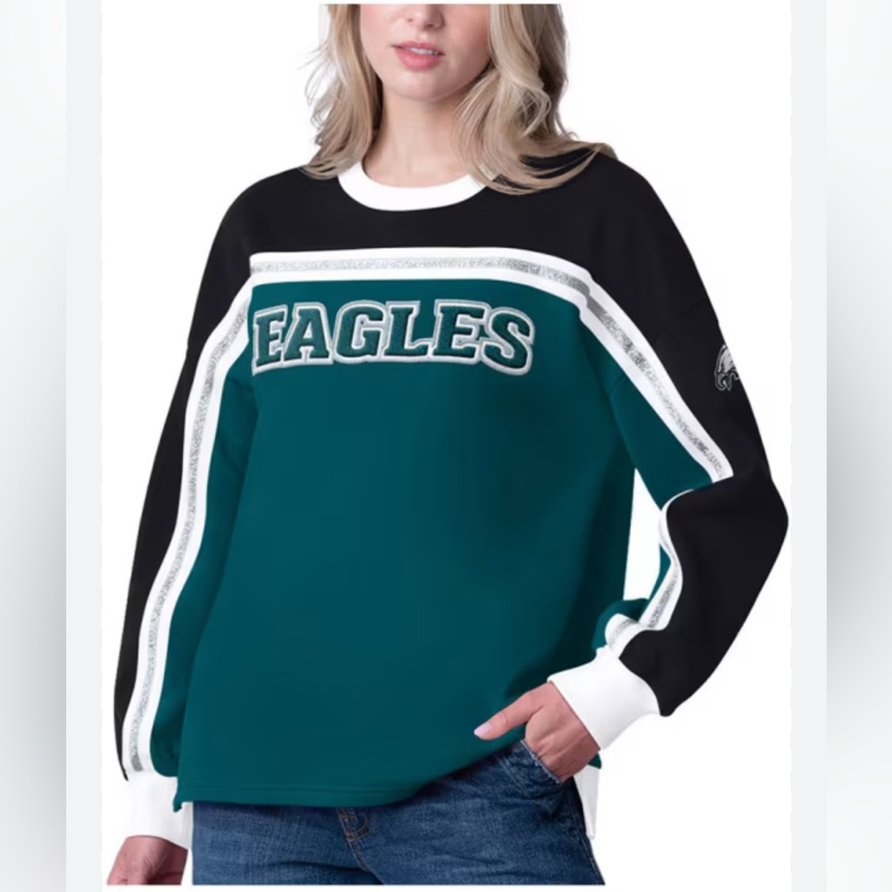 NWT Eagles NFL Team Apparel Silver Glitter Midnight Green Bench Crewneck Glll